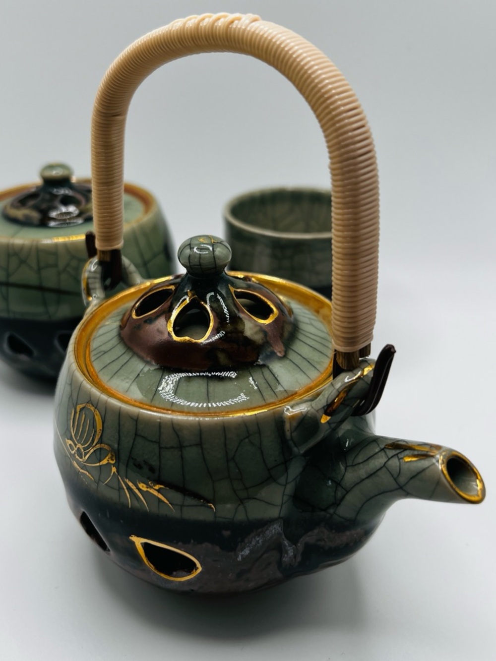 Otagiri Somaware Somayaki Teapot Set Gray Green Crackle Hearts Double Wall Japan